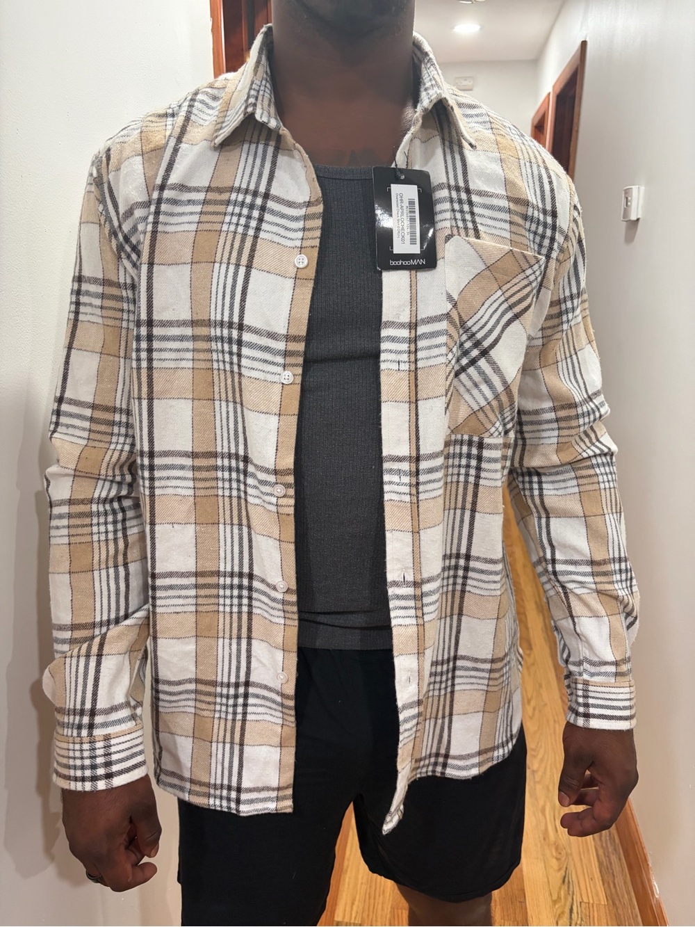 Men's Beige Plaid Button-Up Shirt Jacket - LARGE - NEW WITH TAGS